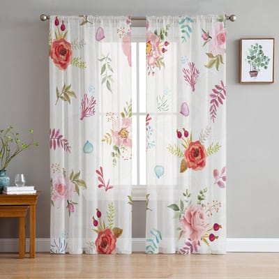Bloemen Bladeren Transparante Gordijnen Voor Woonkamer Slaapkamer Kinderkamer Tule Raambekleding Draperieën 135W x 114H(cm) white