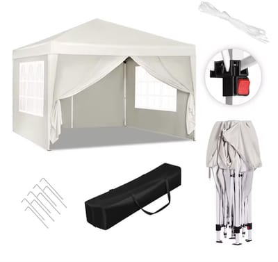Varnox Partytent - Feesttent - Tent - Paviljoen tent - Inklapbare partytent - Pop-up partytent - Tuin tent - Buiten tent - Tuinluifel - Waterdicht - Afsluitbaar - UV Bescherming - Losse zijkanten - Hoogte verstelbaar - 3x3 meter - Wit/Beige