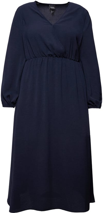 Ulla Popken - Dames - Midi-jurk wikkellook A-lijn V-hals lange mouwen - Marine - Maat 42+
