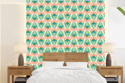Behang - Fotobehang Retro - Bloemen - Design - Groen - Oranje - Breedte 220 cm x hoogte 240 cm