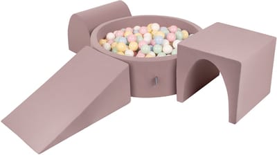 KiddyMoon Foam speeltuin PPZP-OK30D-124 met ballen heather: pastelblauw-pastelgeel-wit-mint-poederroze zwembad 300/club L/court/tunnel