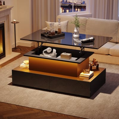 DESMIU Salontafel Met Ledverlichting En Vier Lades Voor Woonkamer En Leeshoek Van Spaanplaat Zwart Hoogglans 90 X 55 X 41 Cm