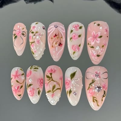 Dailygoods- Press-on Nagels 24 Stuks - Amandelvorm - Bloemenpatroon - Zelfklevende Nagels - Kunstnagels met Lijm - Inclusief Nagelvijl en Stickers