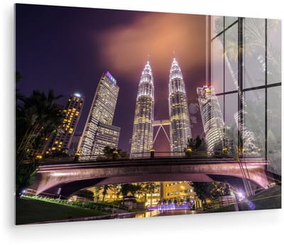 ® Glasschilderij 180x120 cm - Schilderij acrylglas - Prachtige paarse lucht boven de Petronas Towers - Foto op glas - Muurdecoratie woonkamer - Wanddecoratie slaapkamer - Schilderijen
