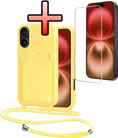 Hoes Geschikt voor iPhone 16 Plus Hoesje Pasjeshouder Cover Met Koord Case Siliconen Hoes Met Telefoonkoord en Kaarthouder Met Screenprotector - Geel