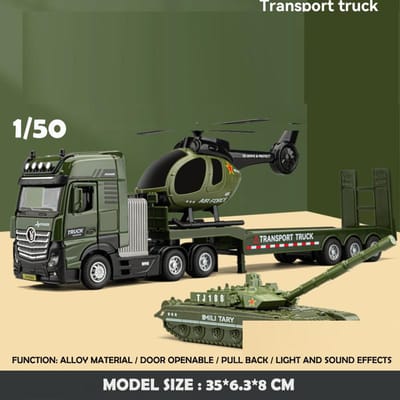 Simulation 1/50 Modèle de Camion d'Ingénierie en Alliage avec Remorque Ensemble Excavatrice Voiture de Police Hélicoptère Véhicule Jouet en Métal Moulé sous Pression pour Garçon Cadeau Voiture