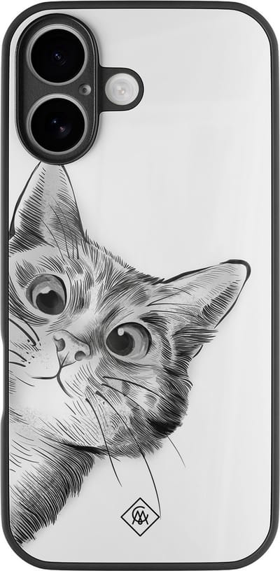 Casimoda® hoesje - Geschikt voor iPhone 16 - Peekaboo Kat - Luxe Hard Case Zwart - Backcover telefoonhoesje - Wit
