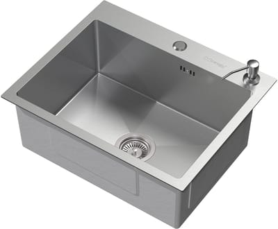 Inbouwspoelbak 55 x 45 cm, zilverkleurig, met afvoerset en zeepdispenser; roestvrijstalen keukenspoelbak ML-Design