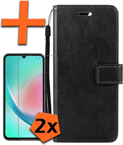 Hoes - Met 2x Screenprotector - Geschikt voor Samsung Galaxy A34 - Luxe Pasjeshouder - Bookcase Portemonee - Flip Case - Kunstleer Book Case - Flipcase Hoes - Book Cover - Walletcase - PortemonneeHoes - Zwart