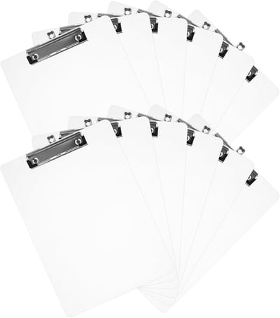 Set van 12 A4 Clipboards van Plastic met Metalen Klem en Ophangoog - Ideaal voor School, Thuis en Kantoor, 312 x 223 mm, Wit