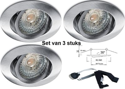 Inbouwspot Geborsteld aluminium GU10 Set van 3 – Philips LED 5W – 4000K Neutraal Wit – 350 Lumen – Dimbaar – Draaibaar & 30° Kantelbaar – 230V – Hoogwaardig Aluminium Zaagmaat (plafond): Ø 68 – 76 mm