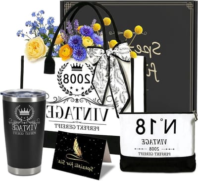 Unieke 18e verjaardag geschenken voor vrouwen: herbruikbare canvas tas, thermische beker en cosmetische tas voor zus of vriendin