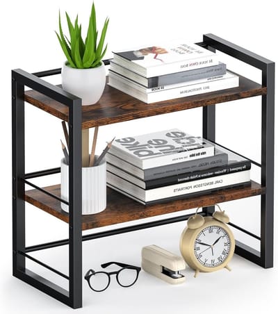 Dubbele Houten Bureau Organizer, Compacte Desk Rack voor Boeken en Benodigdheden, Kleine Werkplek Opbergrek met Laden (Donkerbruin)
