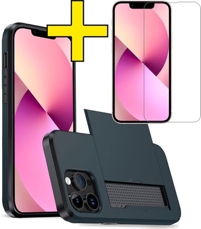 Hoesje Geschikt voor iPhone 14 Pro Hoesje Case Pashouder Hard Cover Met Screenprotector - Hoes Geschikt voor iPhone 14 Pro Hoesje Met Kaarthouder - Donkerblauw