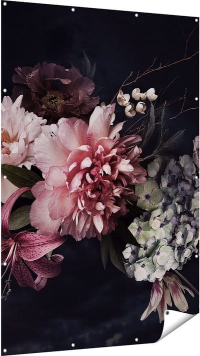 Gards Tuinposter Diverse Bloemen op Zwart Achtergrond - 120x180 cm - Tuindoek - Tuindecoratie - Wanddecoratie buiten - Tuinschilderij
