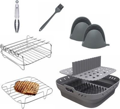 Accessoireset voor De Airfryer - met Opvouwbare Siliconen Bakplaat + Stoomrek van 304 Roestvrij Staal - 8 Stuks - Accessoires voor Airfryers - Ovenaccessoires