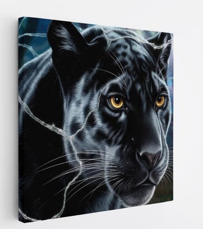 Saammp Canvas Schilderij - Zwarte Panter met Bliksem - Natuur - Dieren - 20x20 - Foto op canvas - Wanddecoratie - Muurdecoratie Kinderkamer - Slaapkamer decoratie - Canvas Print