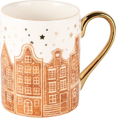 Dekoratief | Mok m/cookie huizen, wit/bruin/goud, porselein, 12x8x10cm | A245406