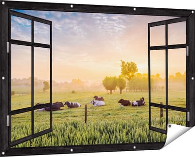 Gards Tuinposter Doorkijk Koeien in de Wei tijdens Zonsopgang - 150x100 cm - Tuindoek - Tuindecoratie - Wanddecoratie buiten - Tuinschilderij