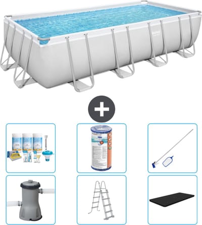 Bestway Rechthoekig Power Steel Zwembad - 488 x 244 x 122 - Grijs Inclusief Pomp - Ladder - Afdekzeil Onderhoudspakket - Filter - Schoonmaakset