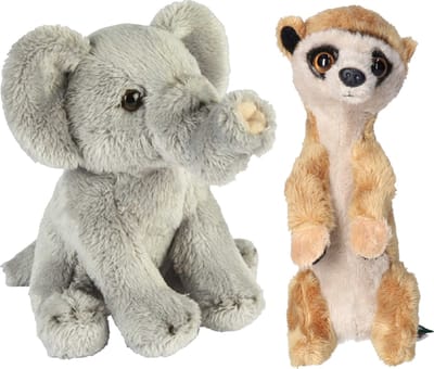 Ravensden - Safari dieren knuffels - 2x stuks - Olifant en Stokstaartje - 15 cm