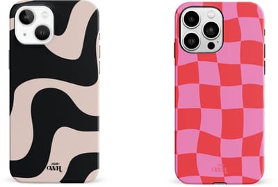 xoxo Wildhearts telefoonhoesjes Drunk In Love Roze + Ride With Me Zwart Beige – Double Layer Hard Cases met golvend en blokjespatroon – stevig en luxe – geschikt voor iPhone 13