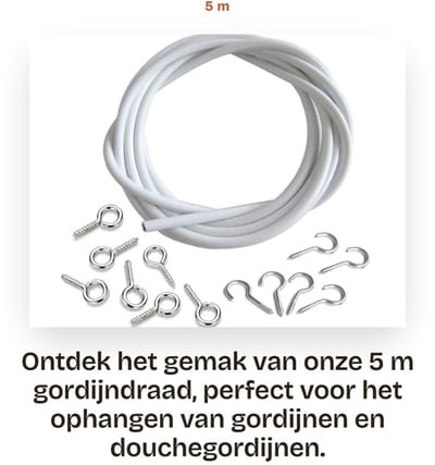 Dailygoods- Gordijndraad 5 m - Gordijntouwset - Kunststof gecoat - Ooghaken 6 stuks - Open haken 6 stuks - Stevig en duurzaam - Gordijntouw
