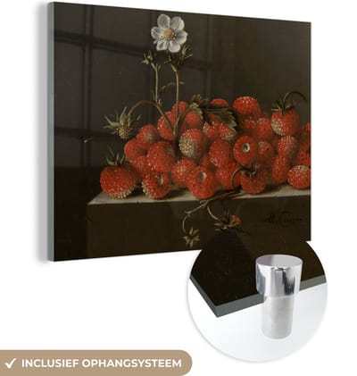 MuchoWow® Glasschilderij 160x120 cm - Schilderij acrylglas - Stilleven met bosaardbeien - Schilderij van Adriaen Coorte - Foto op glas - Schilderijen