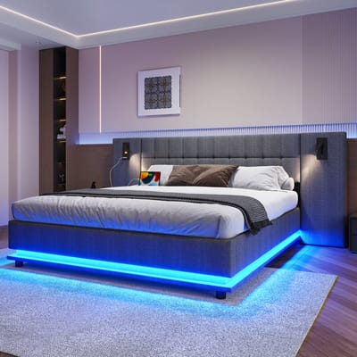 Wishdor Gestoffeerd Bed 180x200 cm – Meerkleurige LED – Hoofdbord met Leeslamp en USB – Linnen – Grijs