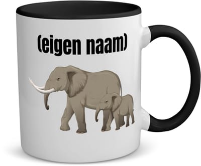Akyol - olifant en kleine met eigen naam koffiemok - theemok - zwart - Olifant - dieren liefhebber - iemand die houdt van olifanten - verjaardag - cadeau - kado - geschenk - 350 ML inhoud