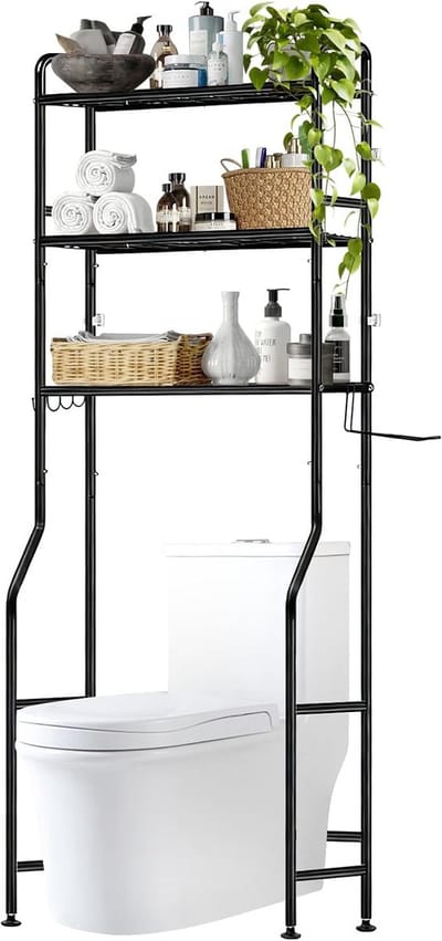 Invalideerbaar Wasmachine Rek Boven Wasmachine - Toiletkast met 3 Planken en Handdoekhouder - Zwart