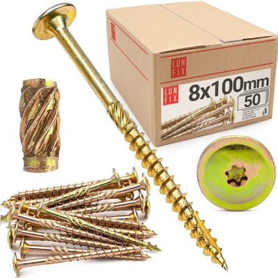 LUN FIX - Tellerkopfschroeven 8x100 - 50 stuks - TX40 Torx - Tellerkop met freestrips - Houtschroeven