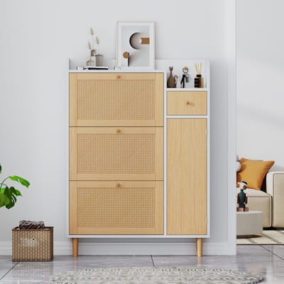 Wishdor - Schoenenkast - 3 Kanteldeuren En 1 Lade - Rattanlook - Voor Smalle Hal - MDF En Hout - Naturel Wit - 90 X 125 X 17 Cm