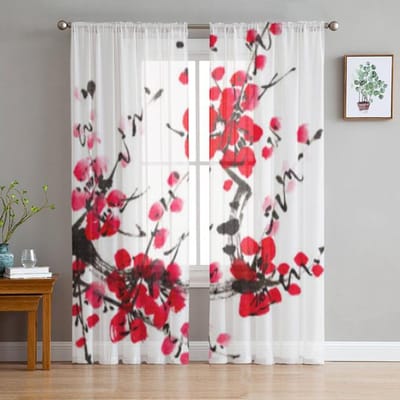 Lente Kersenbloesem Tak Tule Pure Gordijnen Voor Woonkamer Slaapkamer Keuken Voor Windows Voile Gordijnen Woondecoratie 135W x 114H(cm) white