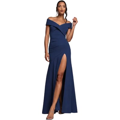 Vrouwelijke Off-Shoulder Geplooide Jurk Goddiva Scuba