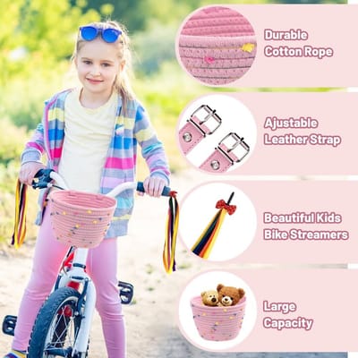 Roze Fietsmand voor Kinderen met Strik en Stuurwimpels - Fietsaccessoires voor Meisjes