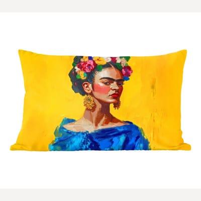 Sierkussens - Kussentjes Woonkamer - 60x40 cm - Frida Kahlo - Vrouw - Geel - Blauw - Bloemen