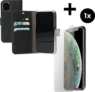 Mobiparts Saffiano Wallet hoesje geschikt voor Apple iPhone 11 Pro met 1 Screenprotector van Gehard Glas - Zwart