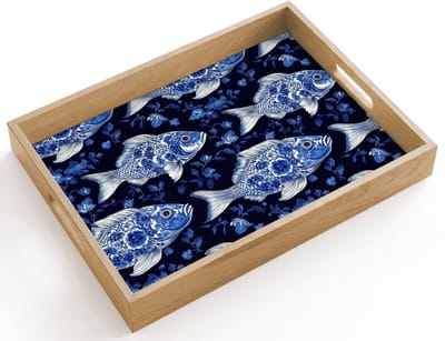 Dienblad hout 40x30 cm - Schootdienblad - Vissen - Bloemen - Blauw - Borrelplank rechthoek - Plateau dienbladen
