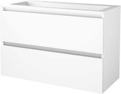 Basic Start 46 badmeubelset met greeploze wastafelonderkast met 2 lades en acryl wastafel met 2 kraangaten 100 x 46 cm, ice white