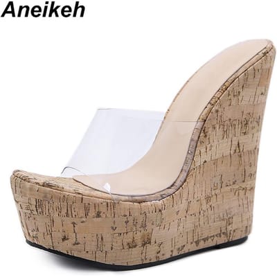 Aneikeh PVC Transparante Sleehak Plateau Sandalen Hoge Hak Zomer Dames Slippers Dikke Zool Strandschoenen 38 beige