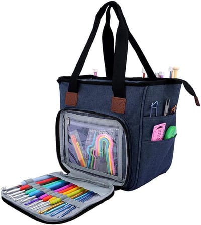 VHV Ambachtelijke tassen voor haakbreien kruissteek, breitas groot voor vrouwen, Diamond Art draagtas - Draagbare tas voor het opbergen van garen, breiprojectenorganizer met normale capaciteit voor garens, haaknaalden en breinaalden - Donkerblauw