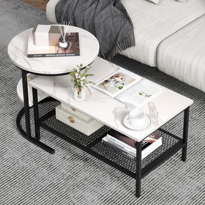 Set van 2 Stapelbare Salontafels met Kunstmarmer en Metalen Frame