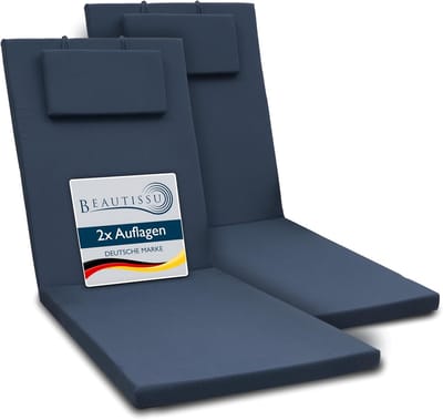 Beautissu 2x Kussen voor Ligstoel 200x60x5 cm Loft RL - Ligkussen UV-bestendige Ligstoelenkussen met Ritssluiting - Tuinmeubels Bekleding Donkerblauw