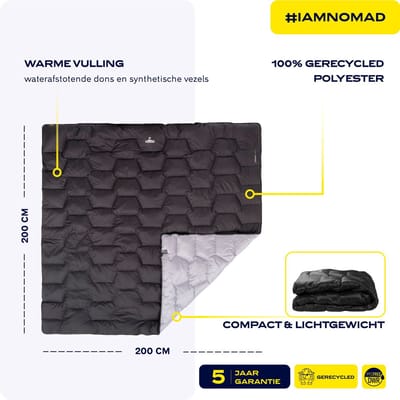 NOMAD® Fornax Deken XL | Zwart | 200x200 cm Lichtgewicht Outdoor Deken | 100% Gerecycled Polyester | Warm, Waterafstotend & Compact | incl Opbergzak