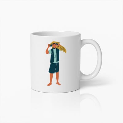 Traditionele Boer Mok – Culturele Illustratie met Rijst Oogst Ontwerp – Uniek Cadeau voor Natuur- & Cultuurliefhebbers
