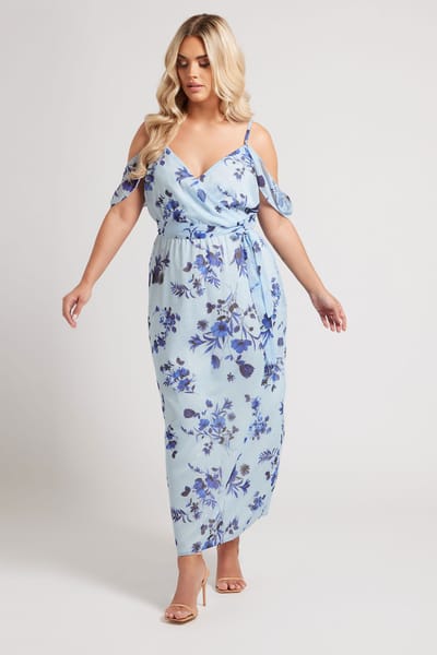 Yours London Midaxi Jurk Met Abstracte Print En Blote Schouders In Metallic Lichtblauw Size 50