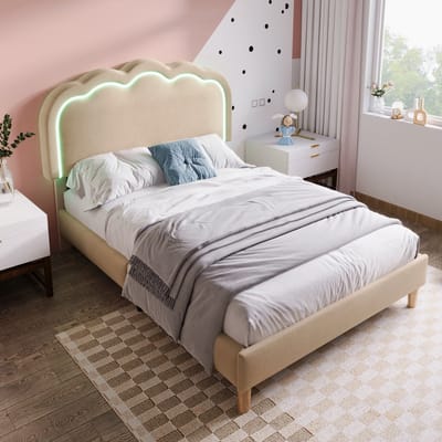 MODFU - Bedframe 90x200 cm – Beige linnen met LED-puff hoofdbord & verstelbaar hoofdeinde