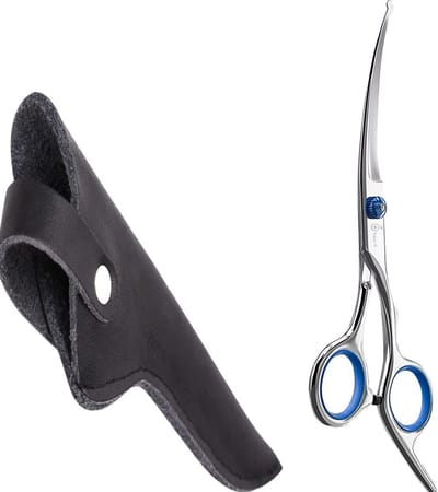 Professionele Hondenschaar – Trimschaar Ergonomisch Krom Rechts – Vacht- & Pootverzorging voor Langharige Honden – Blauw + Luxe Lederen Etui – 16,5 cm – Zwart