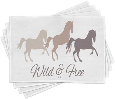 ABAKUHAUS Paarden-placematten, Wild en Vrij Dierenprint, voor keuken en eetkamer, wasbare stof met digitale opdruk, warme taupe, wit en tan